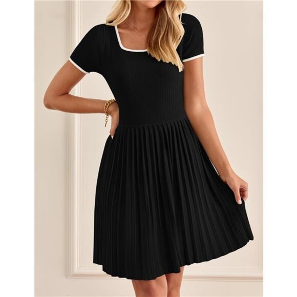 Ribbed Square Neck Color Block Pleated Mini Dress Short Sleeve A-Line - Picture 5 of 7